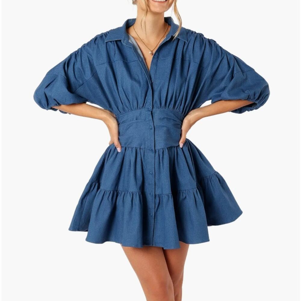 Petal + Pup Francis Denim Gathered Balloon Sleeve Tiered Flare Mini Dress